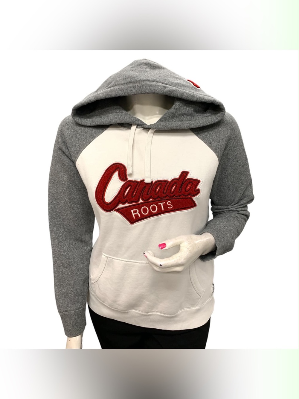 Roots Canada Colorblock Hoodie - Cream and Gray with Red Script Size M